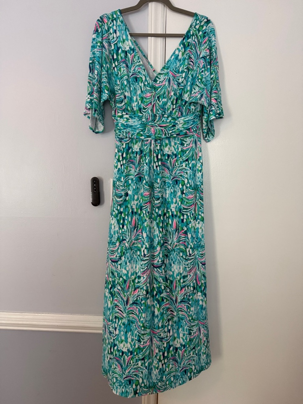 Lilly Pulitzer Teal Floral-Print V-Neck Maxi Dress with Pink & White Details